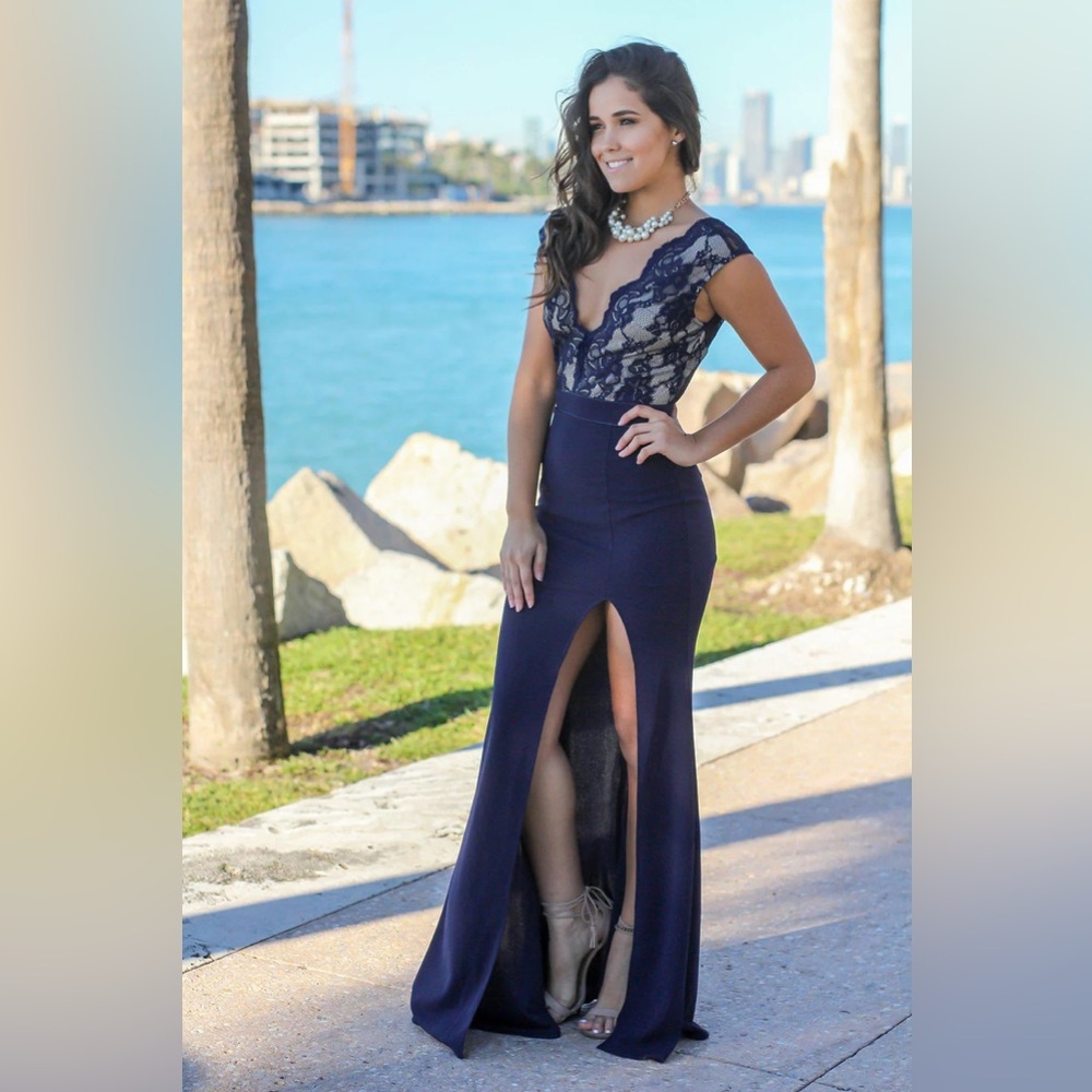 Navy Lace Top Maxi Dress with Side Slit